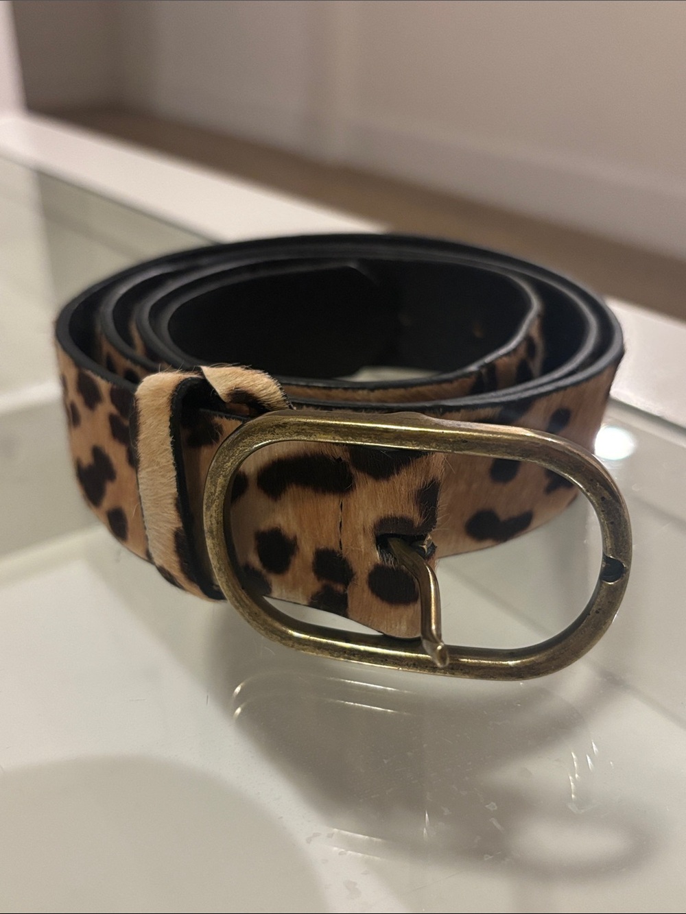 Anthropologie Leopard Haircalf Belt with Antique Brass Oval Buckle